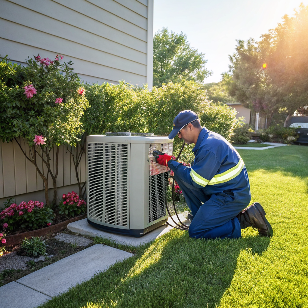 HVAC technician performing AC repair on outdoor unit in Atlanta residential yard